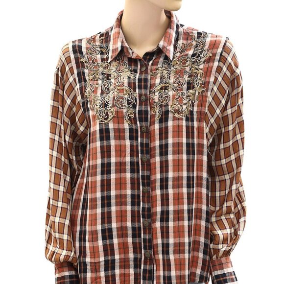 Free People Snow Mountain Plaid Buttondown Shirt Top Sequin Embellished S 274409 - Picture 4 of 7